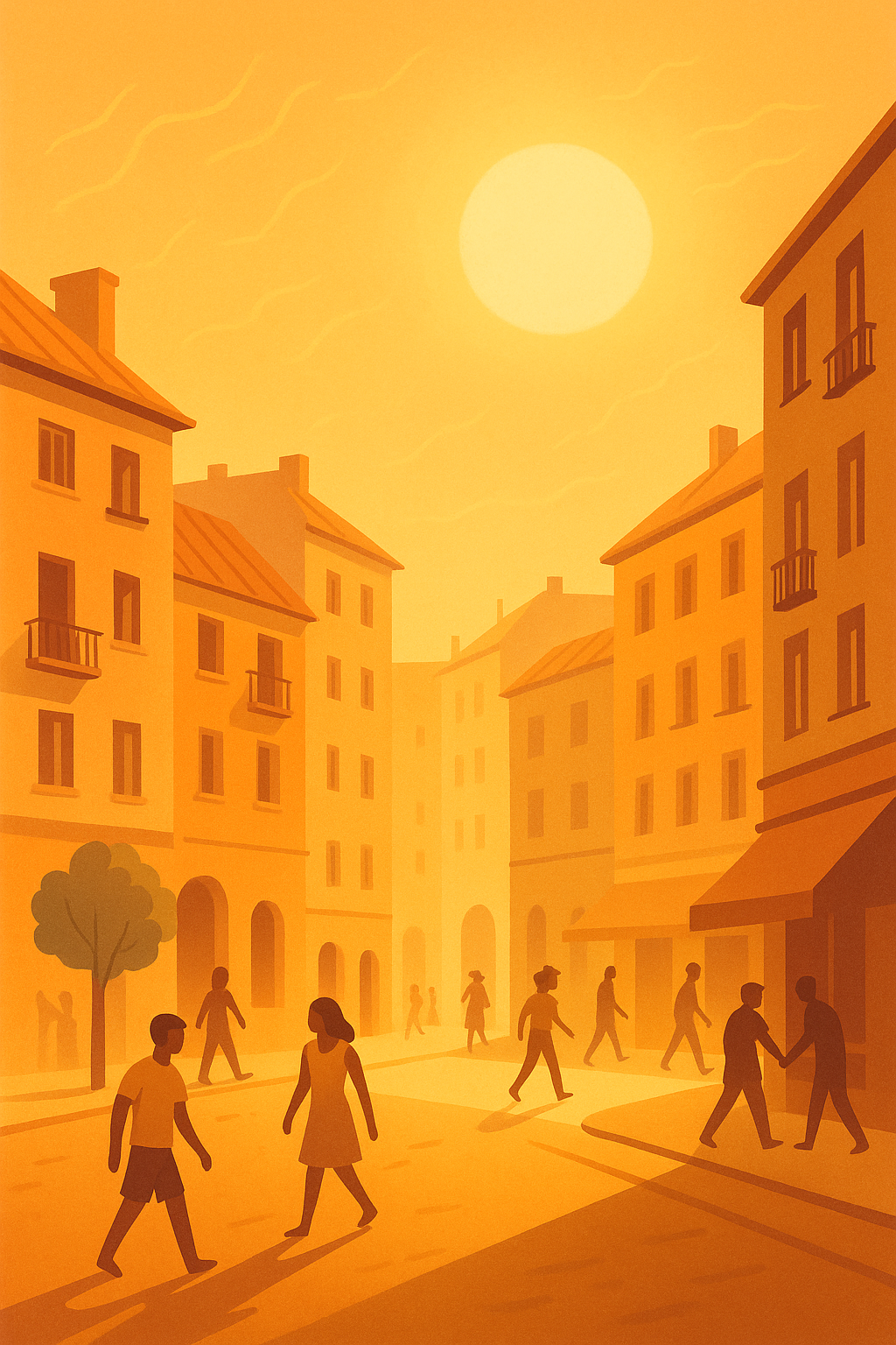 Ilustración de una ciudad europea moderna bajo una ola de calor