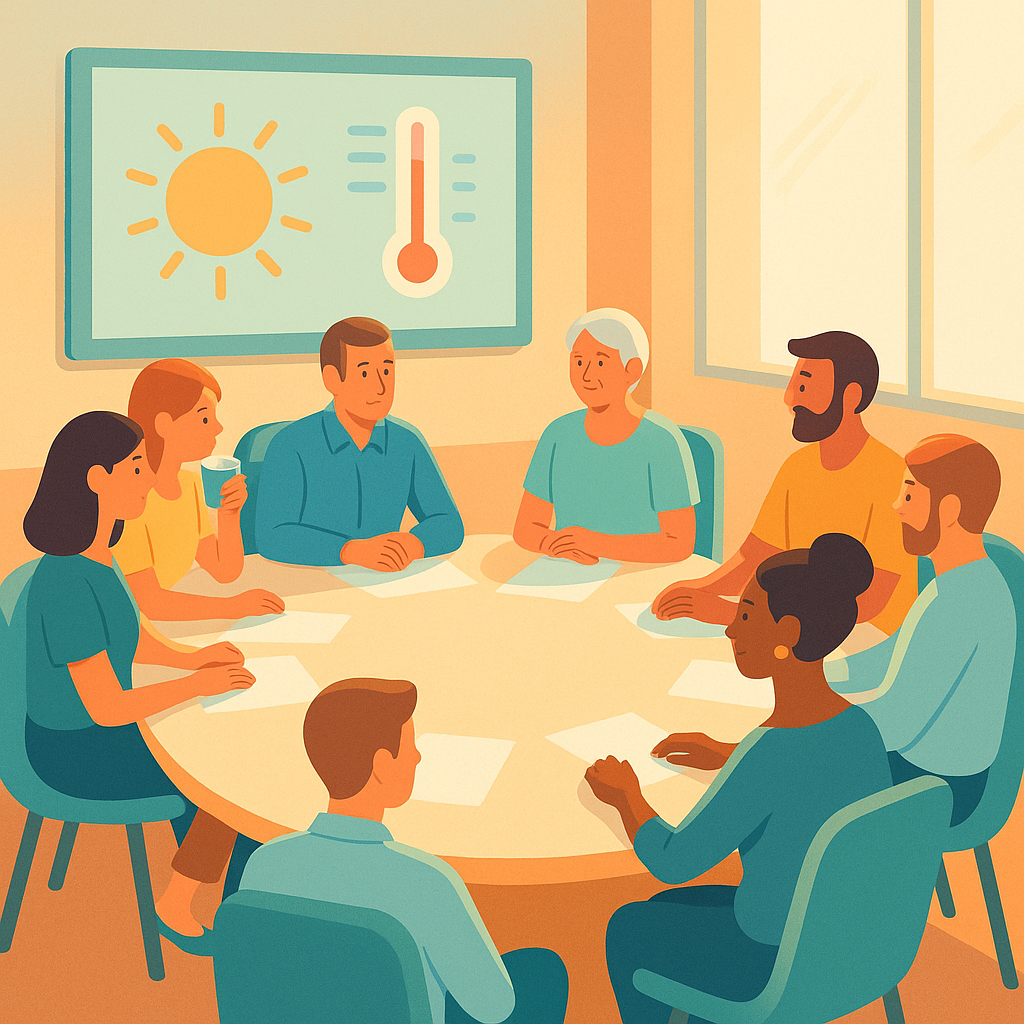 Ilustración de personas conversando sobre políticas y salud en un entorno de reunión