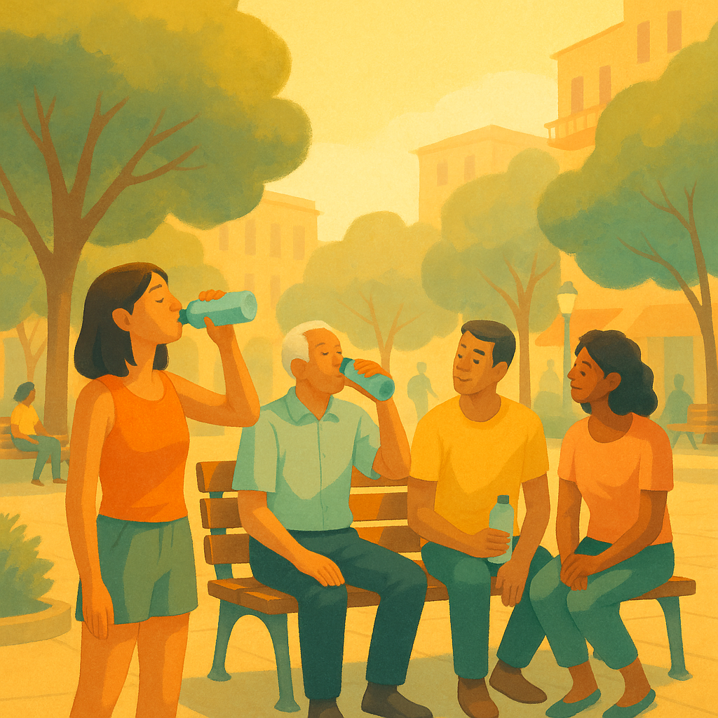 Personas buscando sombra y bebiendo agua durante un día de calor intenso